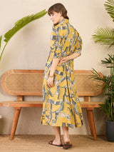 Women's Yellow Front Pleated Floral Midi Dress