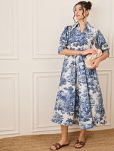 Women's Blue Casual Front Pleated Cotton Midi A-Line Dress