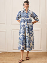 Women's Blue Casual Front Pleated Cotton Midi A-Line Dress