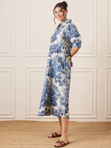 Women's Blue Casual Front Pleated Cotton Midi A-Line Dress