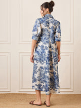 Women's Blue Casual Front Pleated Cotton Midi A-Line Dress