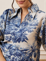 Women's Blue Casual Front Pleated Cotton Midi A-Line Dress