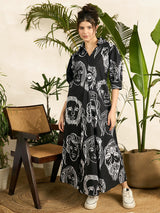 Women's Black Front Pleated Floral Midi Dress