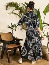 Women's Black Front Pleated Floral Midi Dress