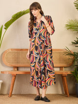 Women's Multicolor Front Pleated Floral Midi Dress