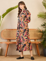 Women's Multicolor Front Pleated Floral Midi Dress
