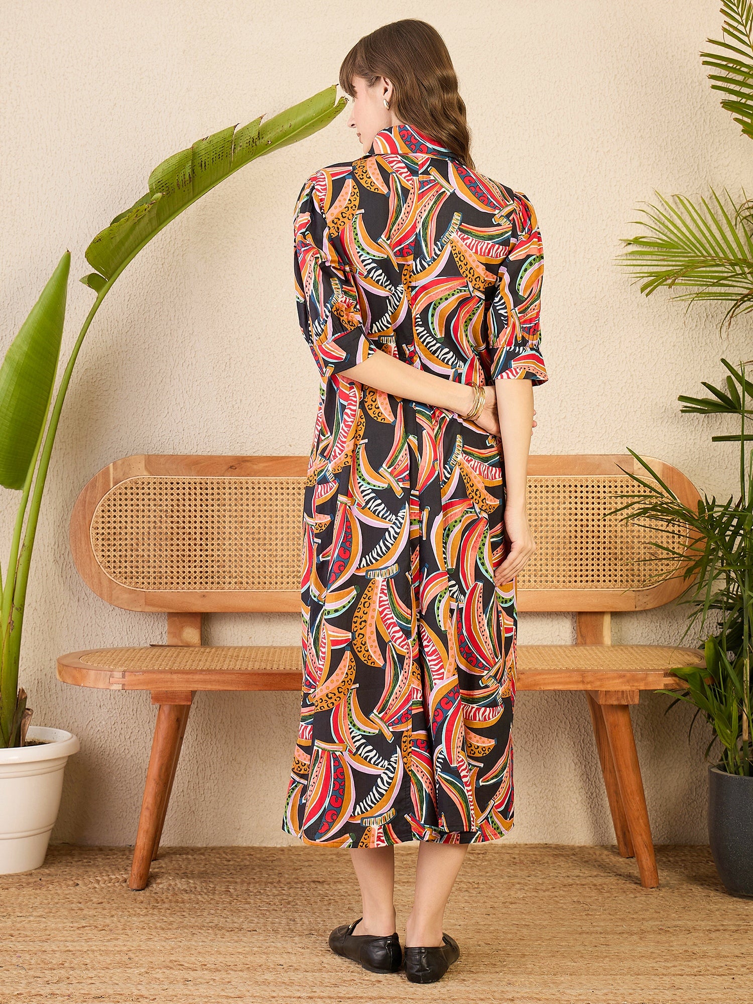 Women's Multicolor Front Pleated Floral Midi Dress