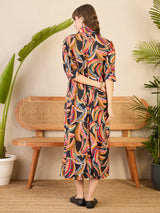 Women's Multicolor Front Pleated Floral Midi Dress