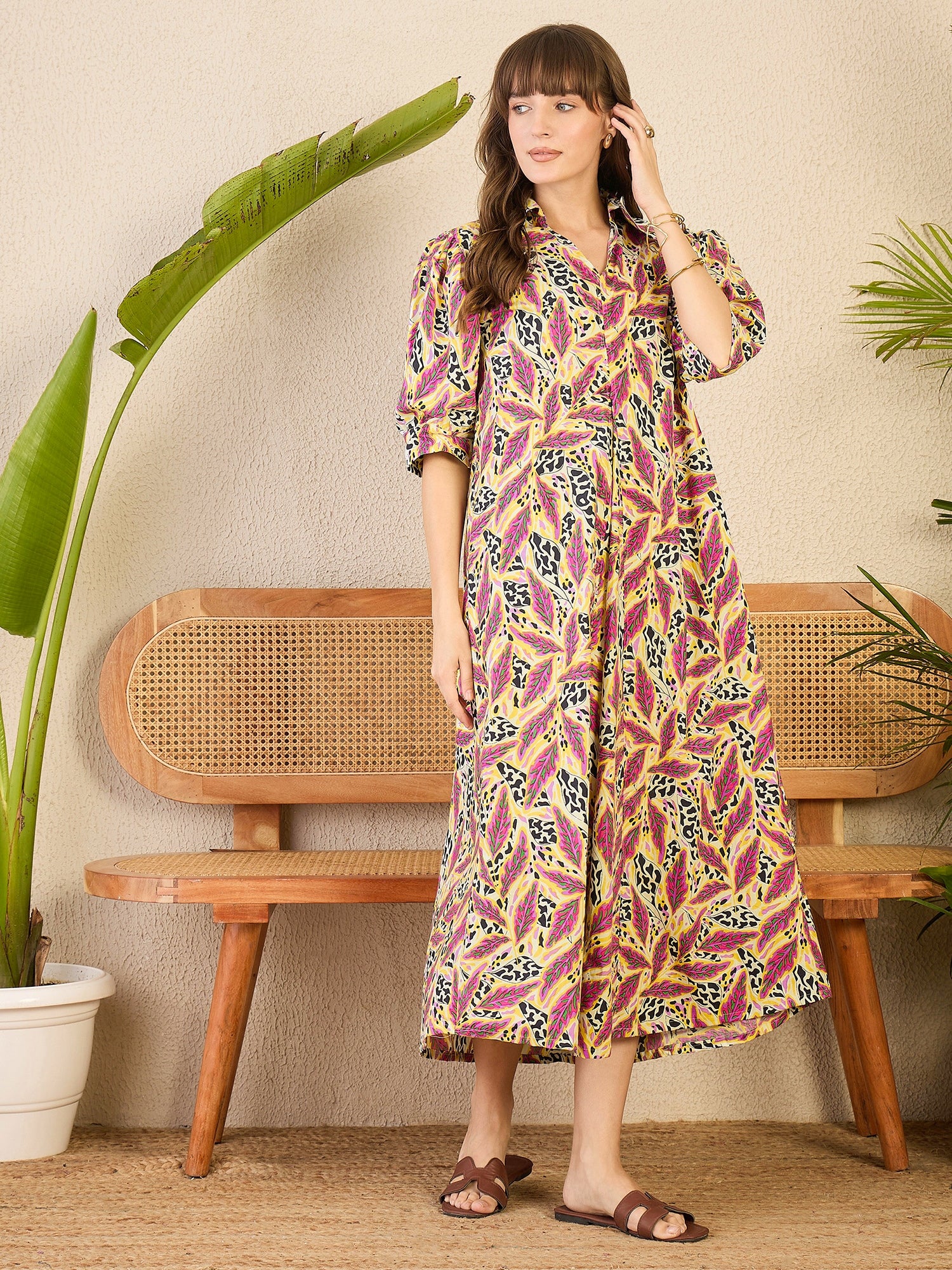 Women's Pink Front Pleated Floral Midi Dress