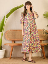 Women's Pink Front Pleated Floral Midi Dress