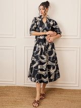 Women's Black Casual Front Pleated Cotton Midi A-Line Dress