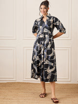 Women's Black Casual Front Pleated Cotton Midi A-Line Dress