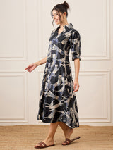 Women's Black Casual Front Pleated Cotton Midi A-Line Dress