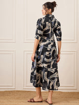 Women's Black Casual Front Pleated Cotton Midi A-Line Dress