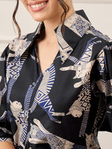 Women's Black Casual Front Pleated Cotton Midi A-Line Dress