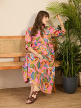 Women's Pink Front Pleated Floral Midi Dress