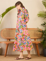 Women's Pink Front Pleated Floral Midi Dress