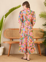 Women's Pink Front Pleated Floral Midi Dress