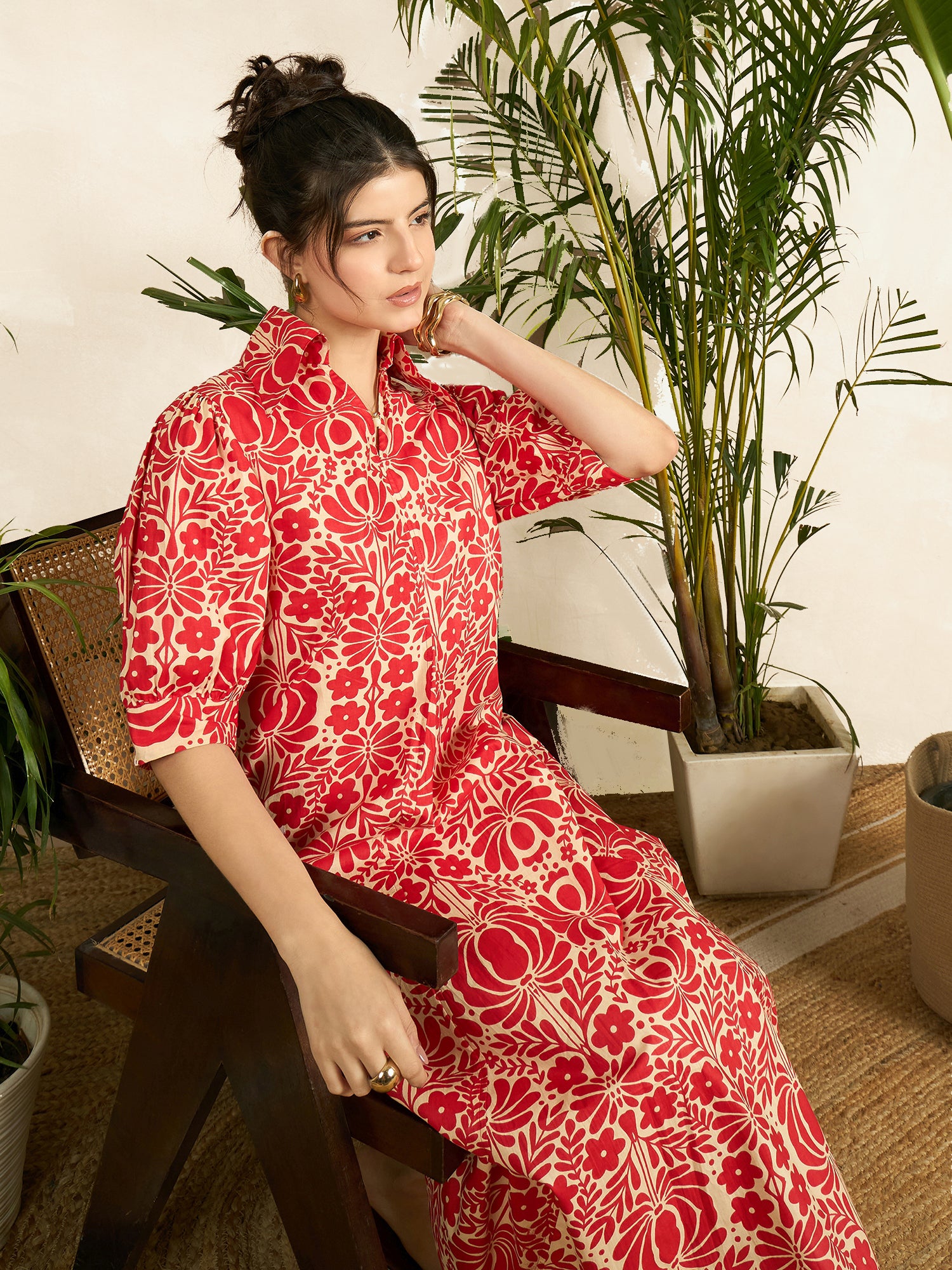 Women's Red Front Pleated Floral Midi Dress