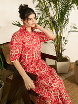 Women's Red Front Pleated Floral Midi Dress
