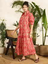 Women's Red Front Pleated Floral Midi Dress