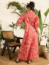 Women's Red Front Pleated Floral Midi Dress
