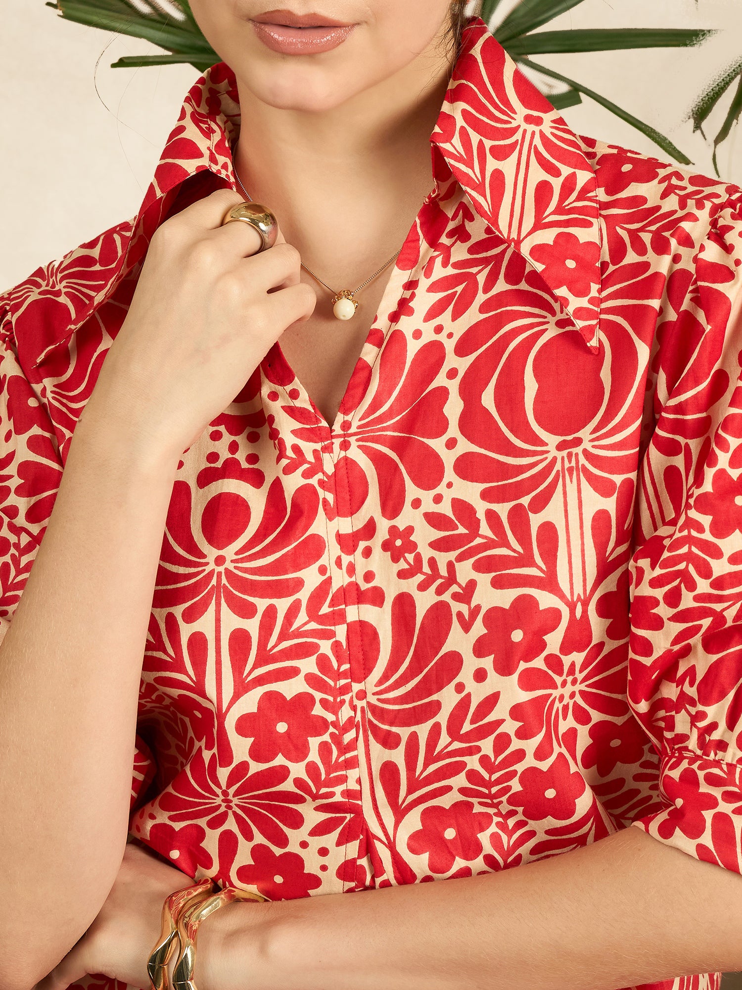Women's Red Front Pleated Floral Midi Dress
