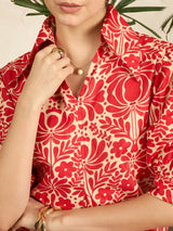 Women's Red Front Pleated Floral Midi Dress