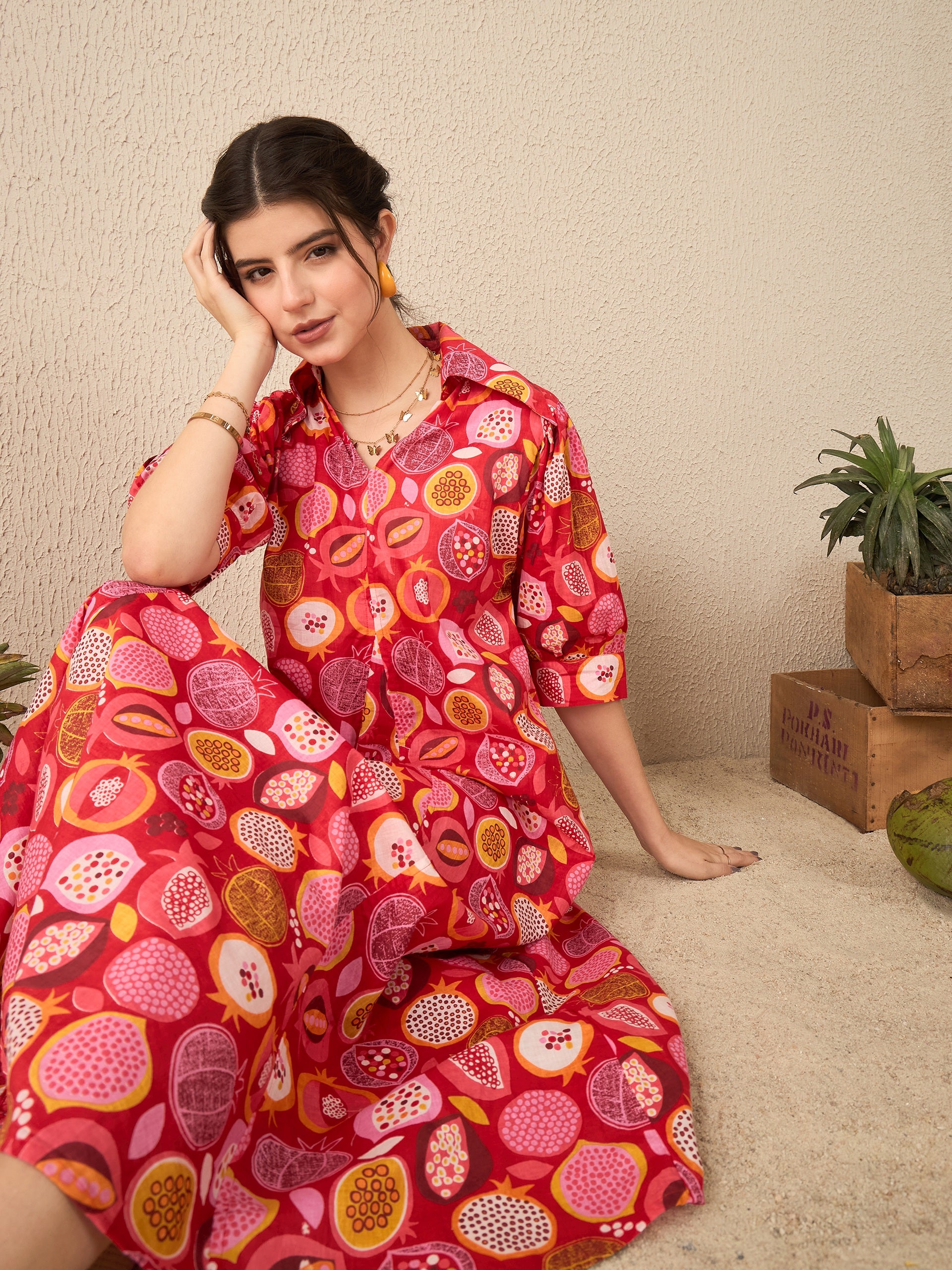 Women's Red Front Pleated Floral Midi Dress