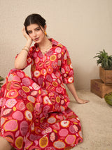 Women's Red Front Pleated Floral Midi Dress