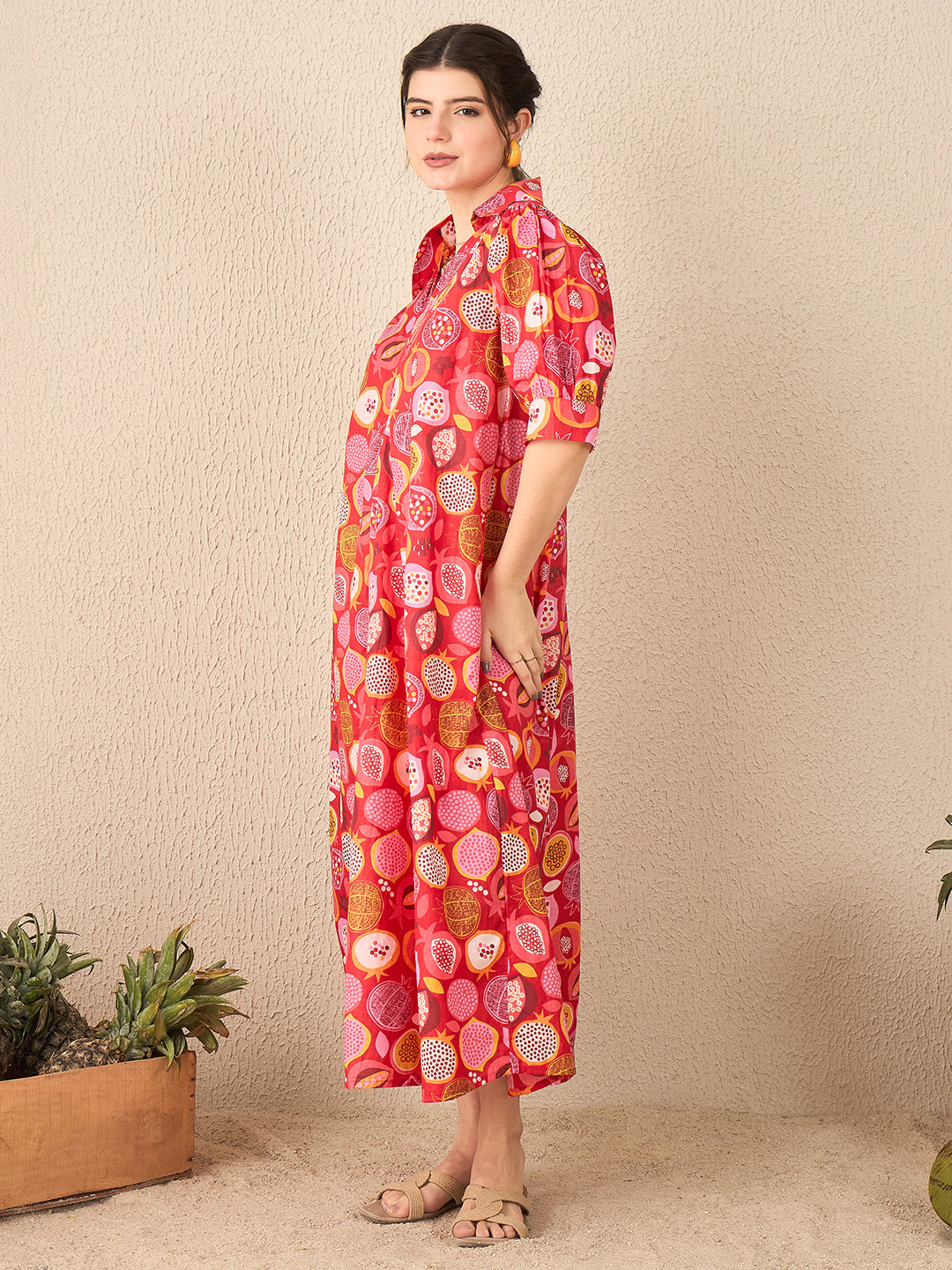 Women's Red Front Pleated Floral Midi Dress