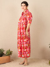 Women's Red Front Pleated Floral Midi Dress