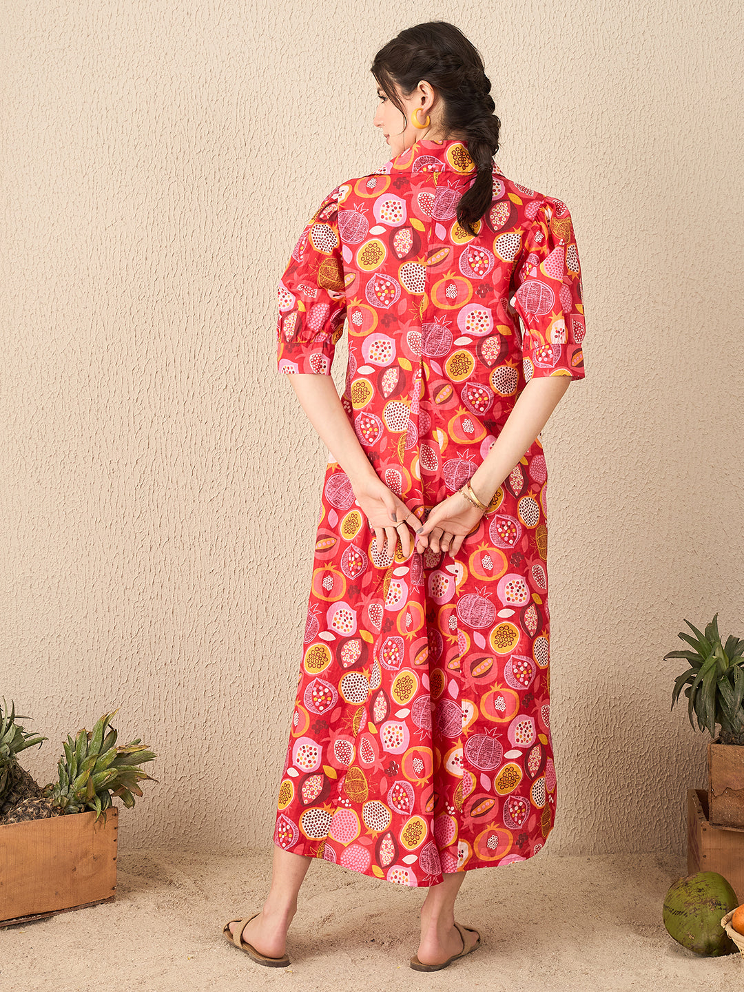 Women's Red Front Pleated Floral Midi Dress