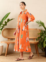 Women's Orange Front Pleated Cotton Midi Dress