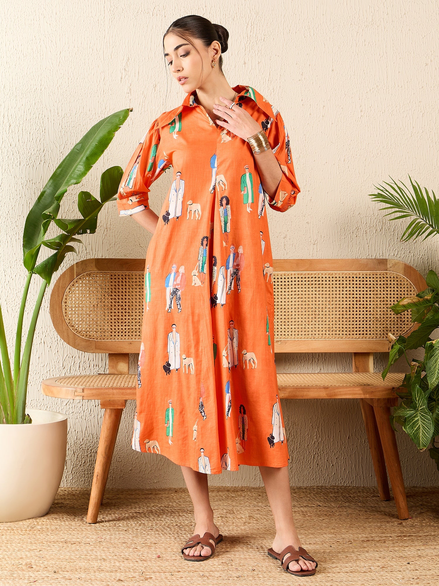 Women's Orange Front Pleated Cotton Midi Dress