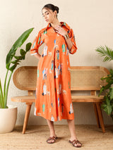 Women's Orange Front Pleated Cotton Midi Dress
