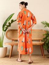 Women's Orange Front Pleated Cotton Midi Dress