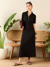 Women's Black Casual Stretchable Front Zip-up Midi A-Line Dress
