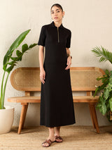 Women's Black Casual Stretchable Front Zip-up Midi A-Line Dress