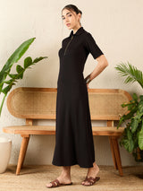 Women's Black Casual Stretchable Front Zip-up Midi A-Line Dress