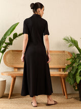 Women's Black Casual Stretchable Front Zip-up Midi A-Line Dress