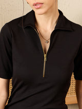 Women's Black Casual Stretchable Front Zip-up Midi A-Line Dress