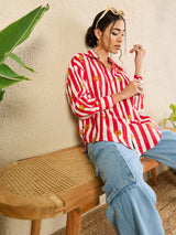 Women's Red Casual Printed Regular Fit Full Sleeves Shirt