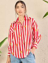 Women's Red Casual Printed Regular Fit Full Sleeves Shirt