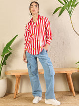 Women's Red Casual Printed Regular Fit Full Sleeves Shirt