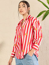Women's Red Casual Printed Regular Fit Full Sleeves Shirt