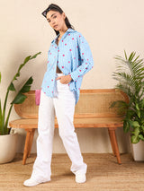 Women's Blue Casual Printed Regular Fit Full Sleeves Shirt