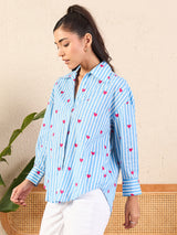 Women's Blue Casual Printed Regular Fit Full Sleeves Shirt
