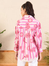 Women's Pink Casual Printed Regular Fit Full Sleeves Shirt