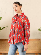 Women's Red Casual Printed Regular Fit Full Sleeves Shirt